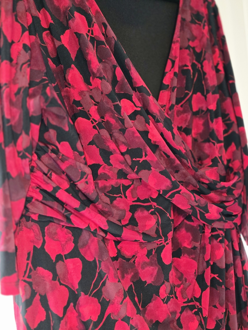 Chaps Womens 24W Floral Faux Wrap Dress Pink Black V Neck Plus Size